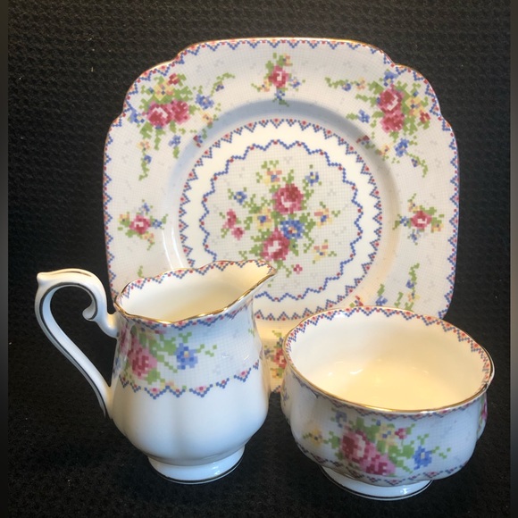 Petit Point cream, sugar & dessert plate by Royal Albert - Picture 1 of 5